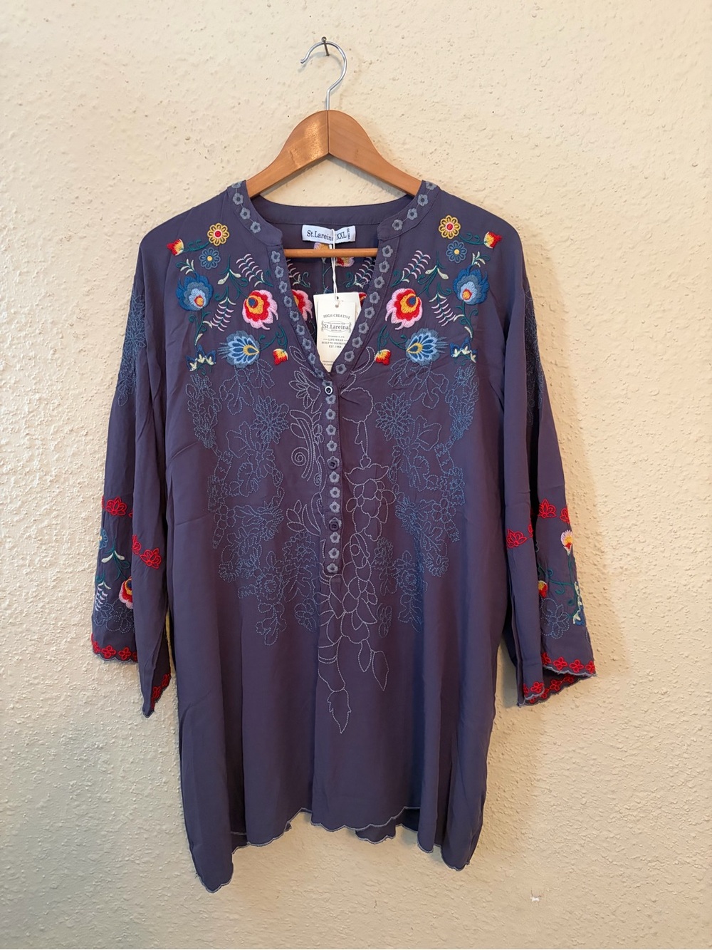 Embroidered Navy Floral V-Neck Tunic